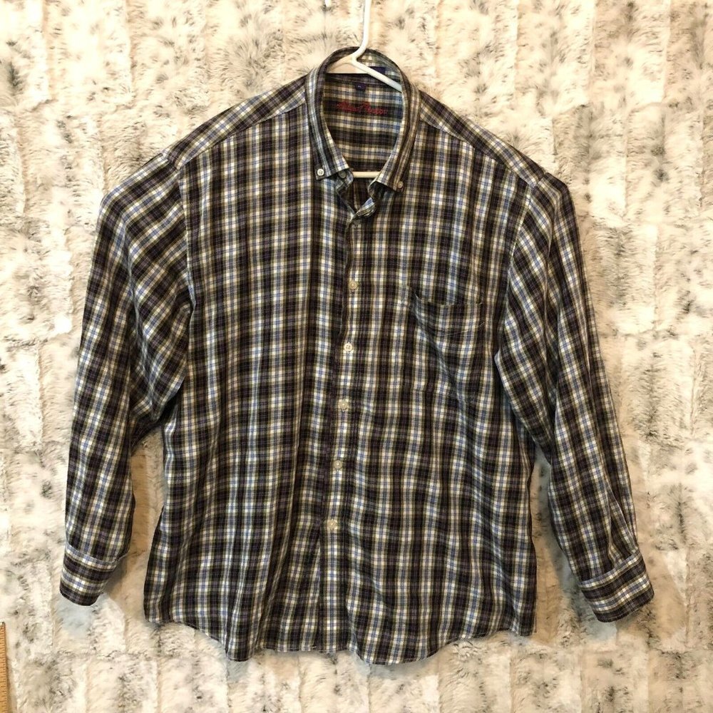 Alan Flusser Mens XL Button Up Long Sleeve Plaid Shirt Cotton Woven Preppy